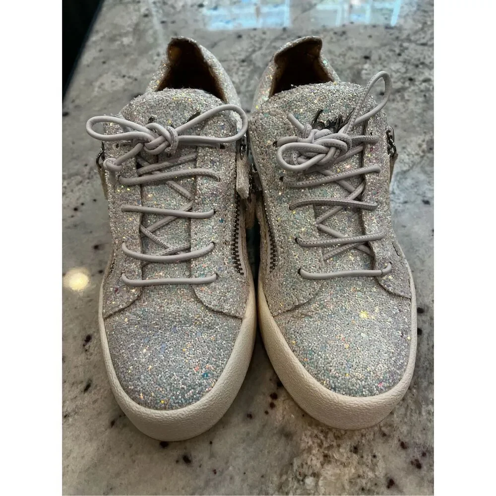 Giuseppe Zanotti White May London Glitter Side Zipper Sneakers Sz 37 or 6.5